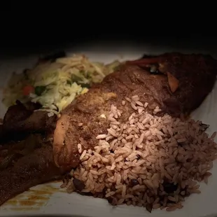 Brown Stew Snapper Chefs Way (Brown Stew Snapper), Rice and Peas, and Cabbage