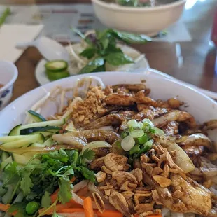 Lemongrass chicken vermicelli (pho dac biet in background)