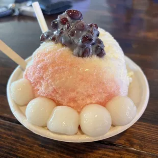 Shave Ice with condensed milk, mochi, and red bean paste. So good !