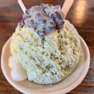 Matcha Shave Ice with Matcha ice cream topped with Azuki Beans and Sweetened Condensed Milk