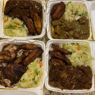 Oxtails, Curry Goat, Brown Stew Chicken, and Jerk Chicken (clockwise)