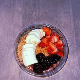 strawberries, bananas, and blackberries