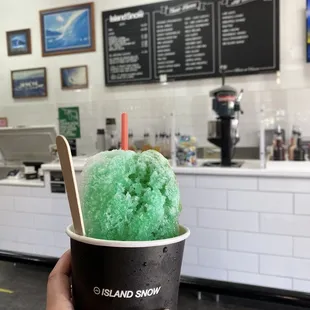 Mele Melon, coconut and matcha green tea shaved ice (scoop of vanilla ice cream on bottom)