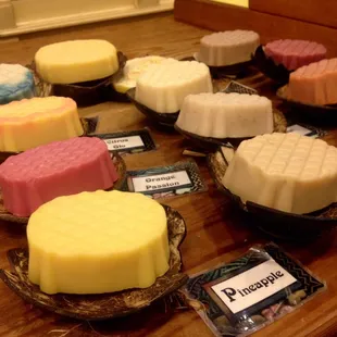 Tropical scent soap on coconut soap dish.