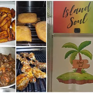 BBQ Jerk Chicken, Oxtails, Fried Plantains, Jamaican Beef Pattie, Island Soul Logo