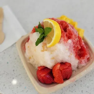 Strawberry and salted lemon syrup w fresh-cut strawberry &amp; pineapple