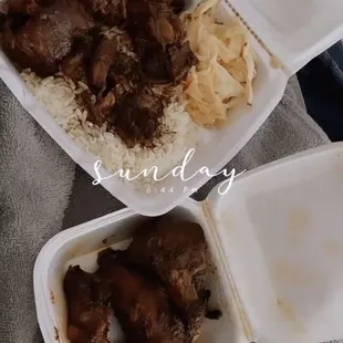 Oxtails w| rice and cabbage , w| a order of jerk wings. I ate my patty in the car lol.