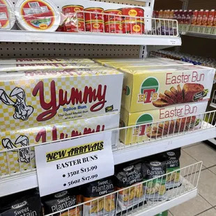a grocery store shelf with a variety of items