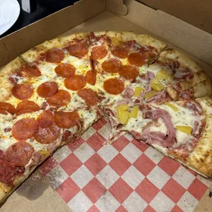 1/2 pepperoni 1/2 ham, pineapple, &amp; bacon