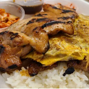 Combo kalbi, meat jun, chicken plate ($19.95)