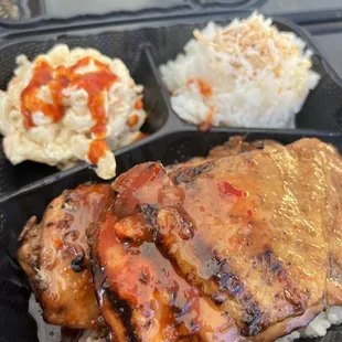 BBQ chicken teriyaki with Mac salad and coconut rice