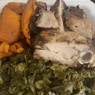 Yams, greens, jerk chicken