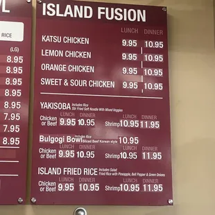 Menu as of May 2023
