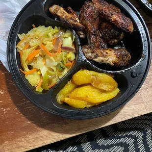 Jerk Chicken, Fried Plantain, Steam Cabbage Medley