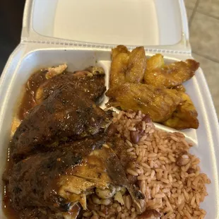 Jerk Chicken, Rice and Peas, Fried Plantain