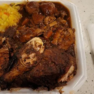 2 Meat Combo - Brown Stew Chicken, Jerk Chicken, rice and peas, and cabbage