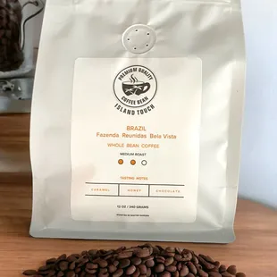 a bag of coffee beans on a table