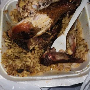 Express Jerk Chicken with beans and rice. The chicken was hard and dry. I couldn&apos;t eat it.