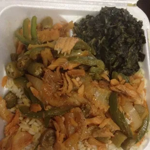 Breakfast dish- salt fish &amp; okra over rice with side of spinach