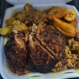 Curry chicken, Jerk chicken, red beans and rice, plantsins