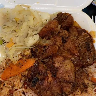 Brown Stewed Chicken, Rice &amp; Peas, &amp; Cabbage