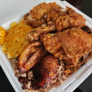 Fried Chicken, Rice &amp; Peas, Macaroni Pie, Plantain