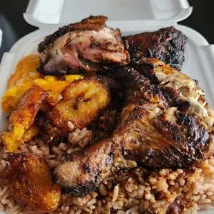 Jerk Chicken, Rice &amp; Peas, Macaroni Pie, Plantain