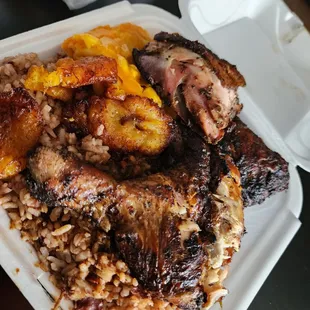 Jerk Chicken, Rice &amp; Peas, Macaroni Pie, Plantain
