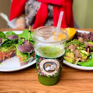 Lox of Bagel Sandwich with taro bagel; veggie poke with grain rice; matcha ice tea