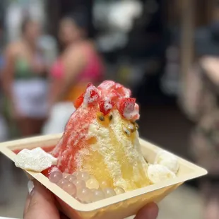 Lilikoi shaved ice with coconut gelato and Mochi and popping boba