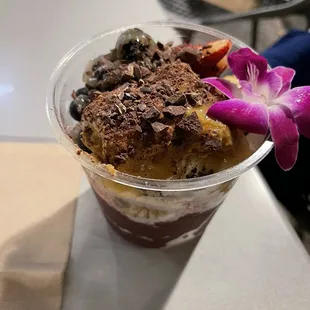 Wailua Moana Bowl - Toppings: dark chocolate, cacao nibs, coconut, peanut butter, banana, strawberry, berries, granola, organic white honey.