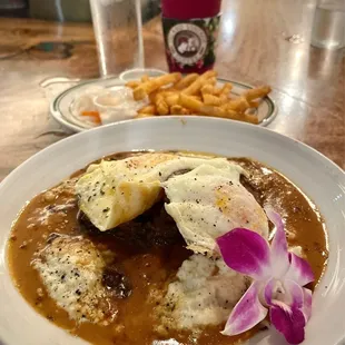 Breakfast All-Day: Keto Braised Beef Loco Moco w/ side of fries &amp; Pitaya Lilikoi Smoothie