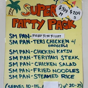 super party pack menu