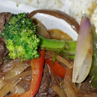 See the Broccoli &amp; 2 Red Bell Peppers &amp; literally 5 Small Piece Meats. If U Love Onions  This Is The Plate for YOU! Never Again Ordering