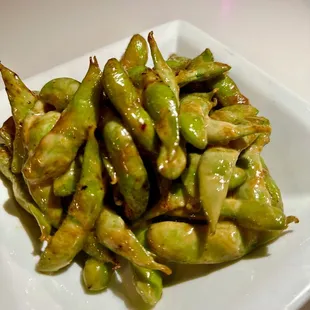a plate of fried green beans