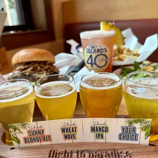 a variety of beers and burgers