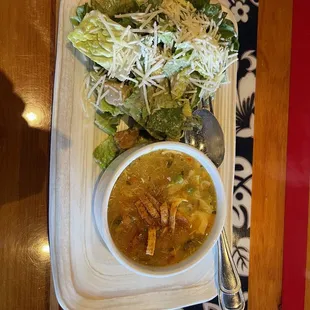 Lunch menu special tortilla soup and Cesar salad