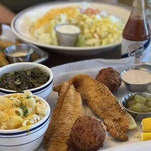 Catfish with a side of greens and mac &amp; cheese