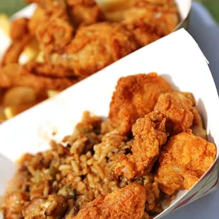 Alligator Bites with Gumbo Rice and Fried Frog Legs with Fries (Pearson's Cajun Kitchen) - just like pork and chicken! =)