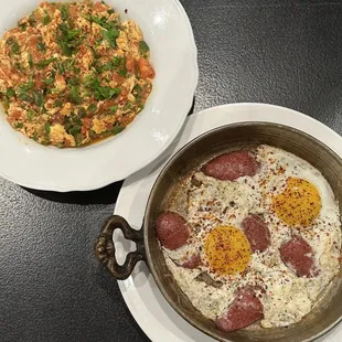 Menemen and soujouk with eggs brunch