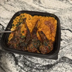 Sweet chilling lamb chops with rice and beans as well as sweet potato