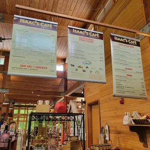 menus hanging from the ceiling