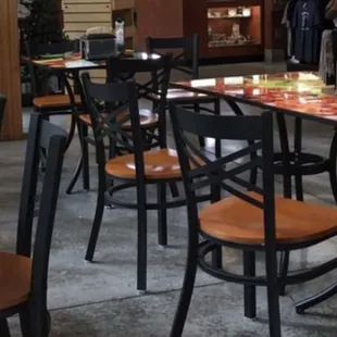 tables and chairs in a restaurant