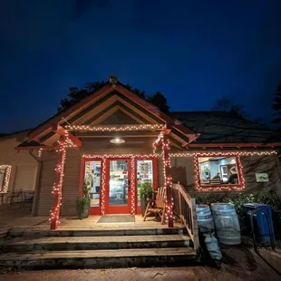 the front of the building at night