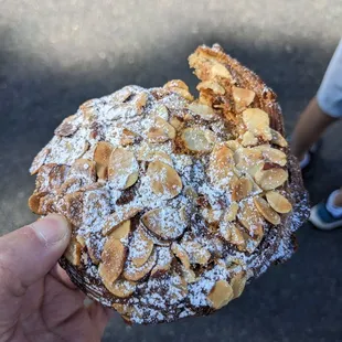 a hand holding a powdered pastry