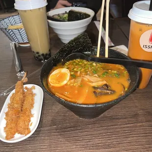 Spicy miso ramen with shrimp tempura