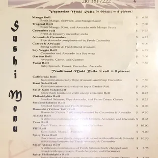 the menu of the restaurant