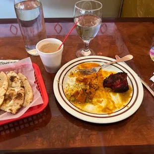 Naan, chai, rice tiki masala.