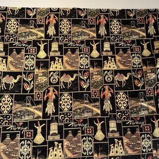 a tablecloth with a variety of items on it