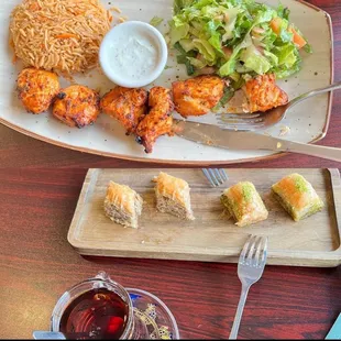 Chicken kabob and baklava.